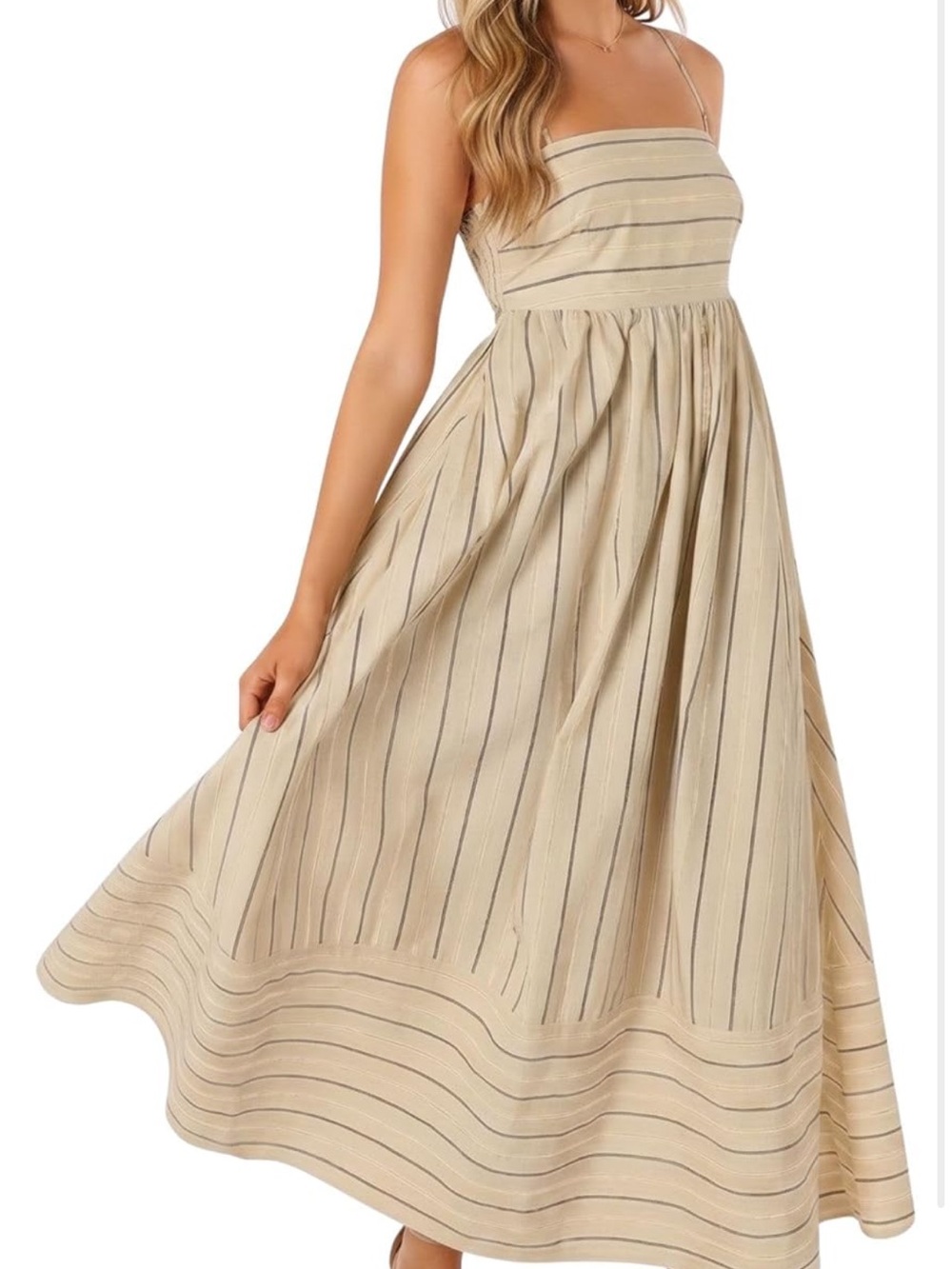 Beige  brown Striped Spaghetti Strap Maxi Dress